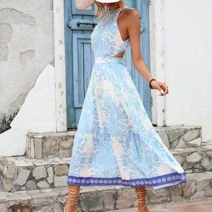 Blue Boho Floral Print Tie Backless Ruffle Hem Halter Dress